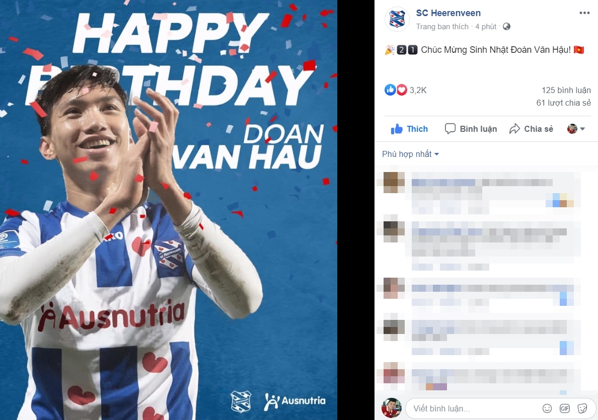 Học trò cưng của HLV Park được SC Heerenveen chúc mừng sinh nhật